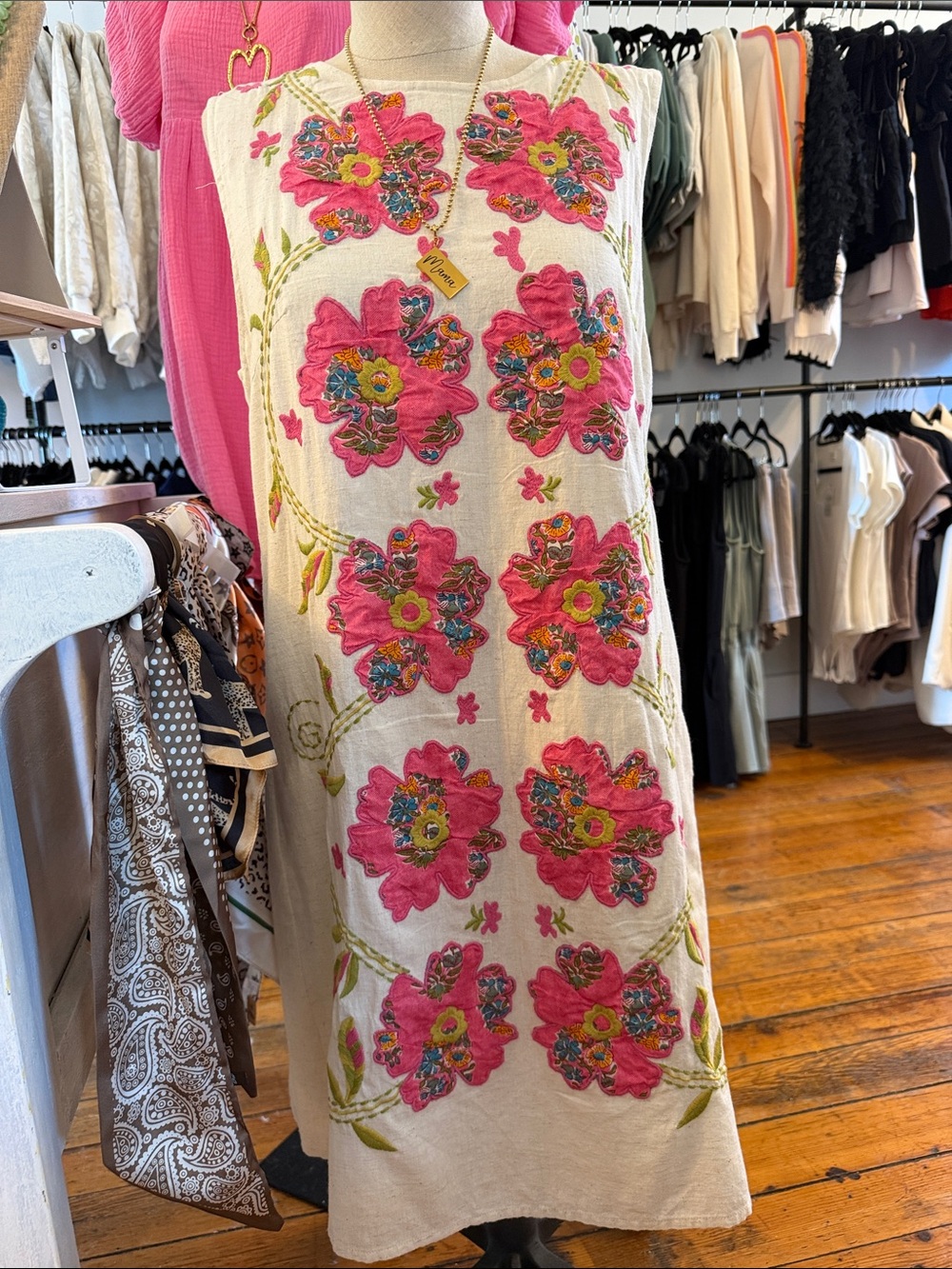 THML Cream Maxi Dress with Pink Floral Embroidery